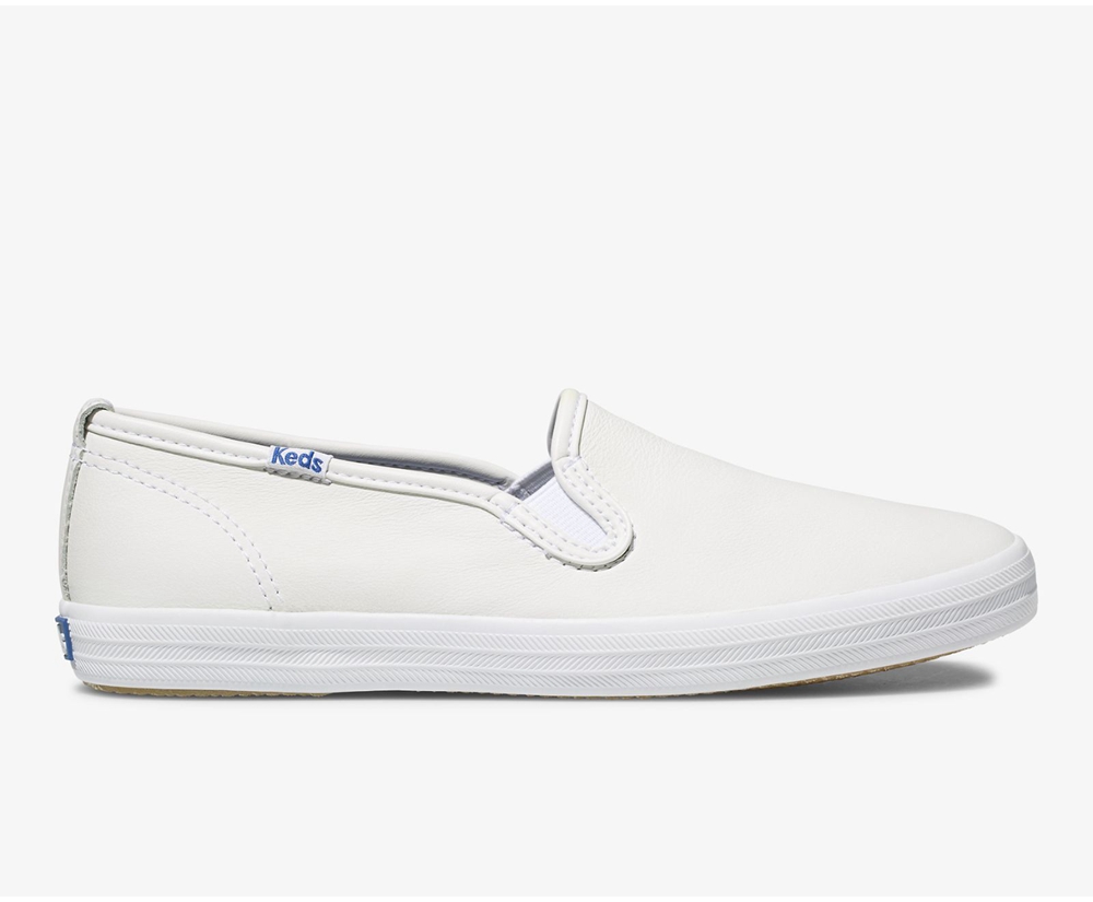 Womens Keds Slip Ons - Champion Slip On Leather - White - 0279-HOCZM